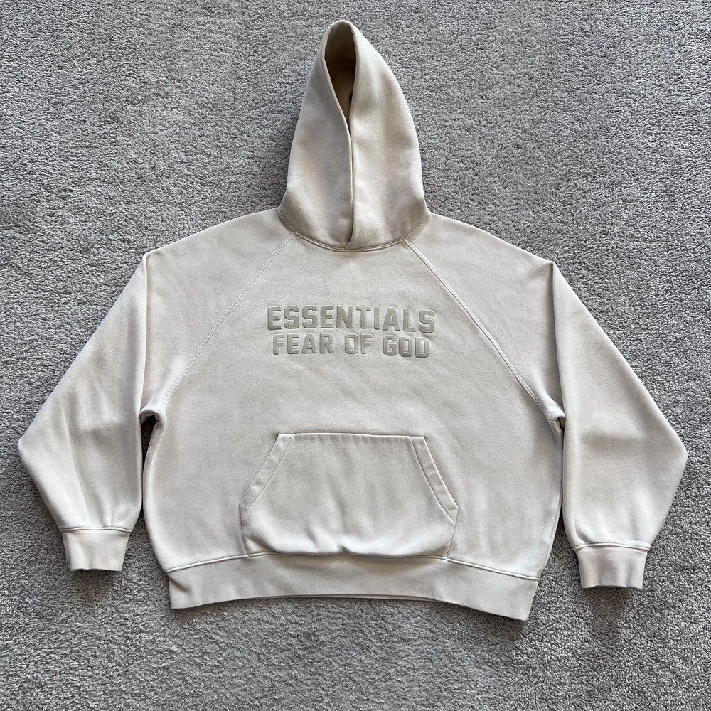 Fear Of God Essentials Hoodie Mens Small Beige Logo Graphic Fleece Pullover